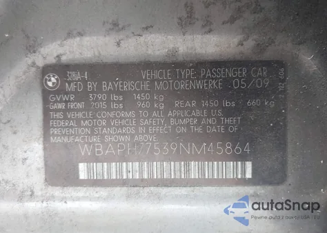 2009 BMW 328I from USA, damaged, VIN WBAPH77539NM45864